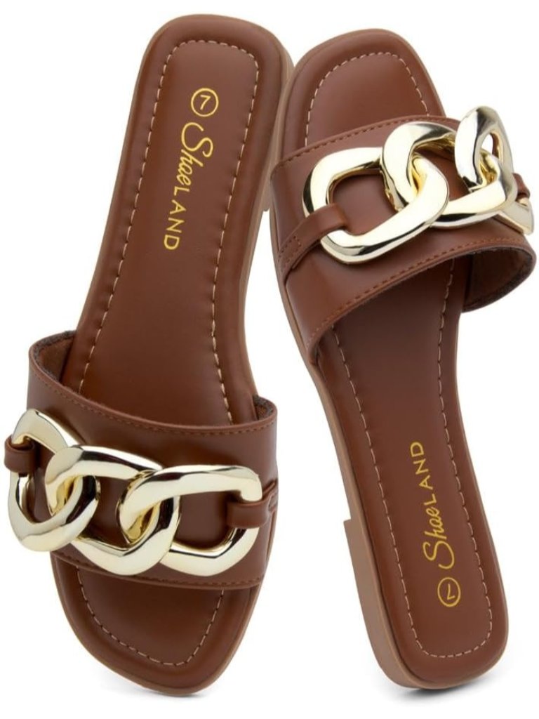 Women's Brown Dressy Slides With Metal Chain Square Open Toe Sandal Summer Flat